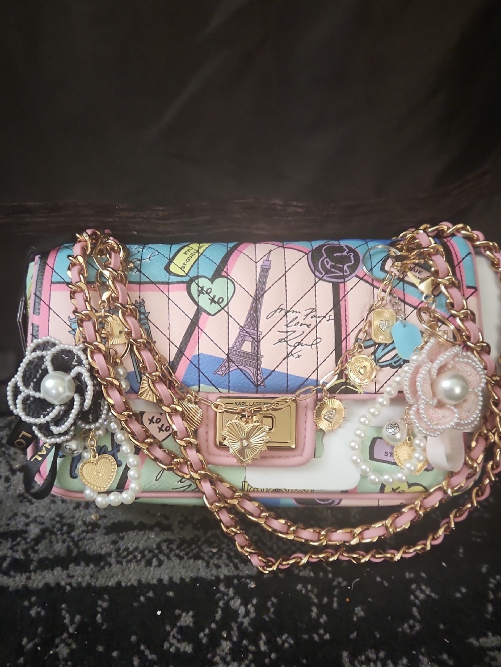 Multicolor Floral Shoulder Bag With Decorated Charms